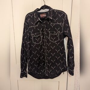 🖤 Rock & Roll L Cowboy Cotton Shirt Pearl Snap Cow Horn Western Equestrian